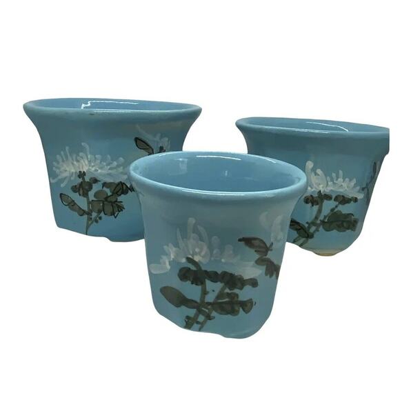 Mid 20th Century HandPainted French Blue Ceramic Planter Flower Pots Set of 3 - Picture 2 of 12